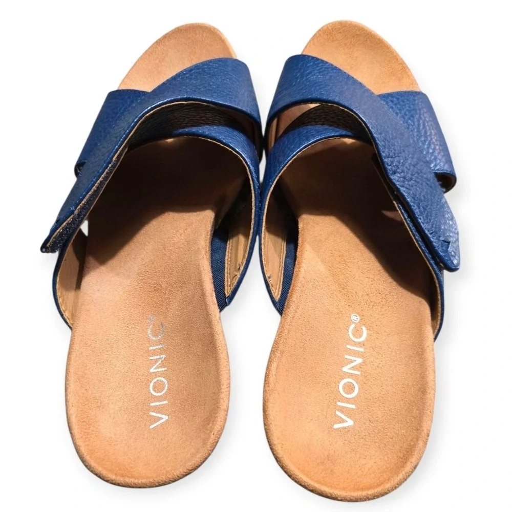 Vionic Women's Cork Wedge‎ Criss Cross Leather Sandals Leticia Dark Blue 8